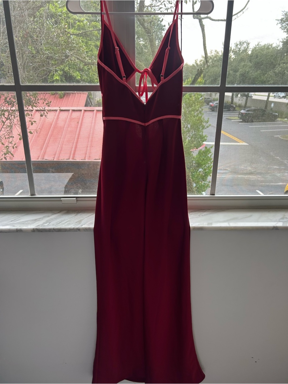 NWT Misha Spaghetti-Strap Burgundy Cutout Maxi Dress with Pink Trim - Picture 6 of 6